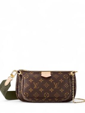 Louis Vuitton Multi Pouchette Monogram Brown Crossbody Bag with Green Strap